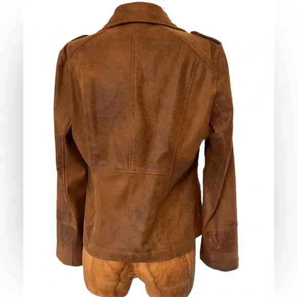 Chico's Brown Leather Jacket Asymmetrical Zip Notched Lapel - Picture 6 of 12